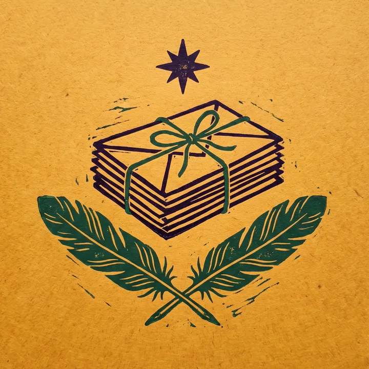 Linocut of a stack of letters tied with string beneath a star
