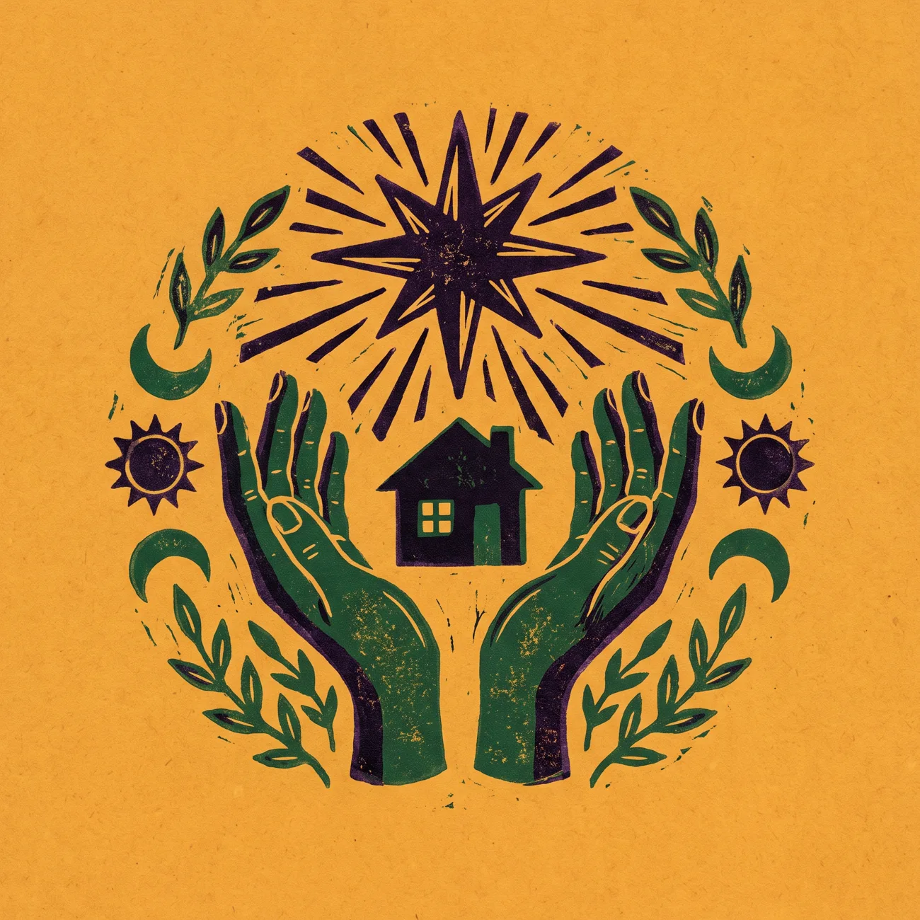 Linocut print of two open hands cupping a small house beneath a radiant star, ringed by moons, suns and leaves