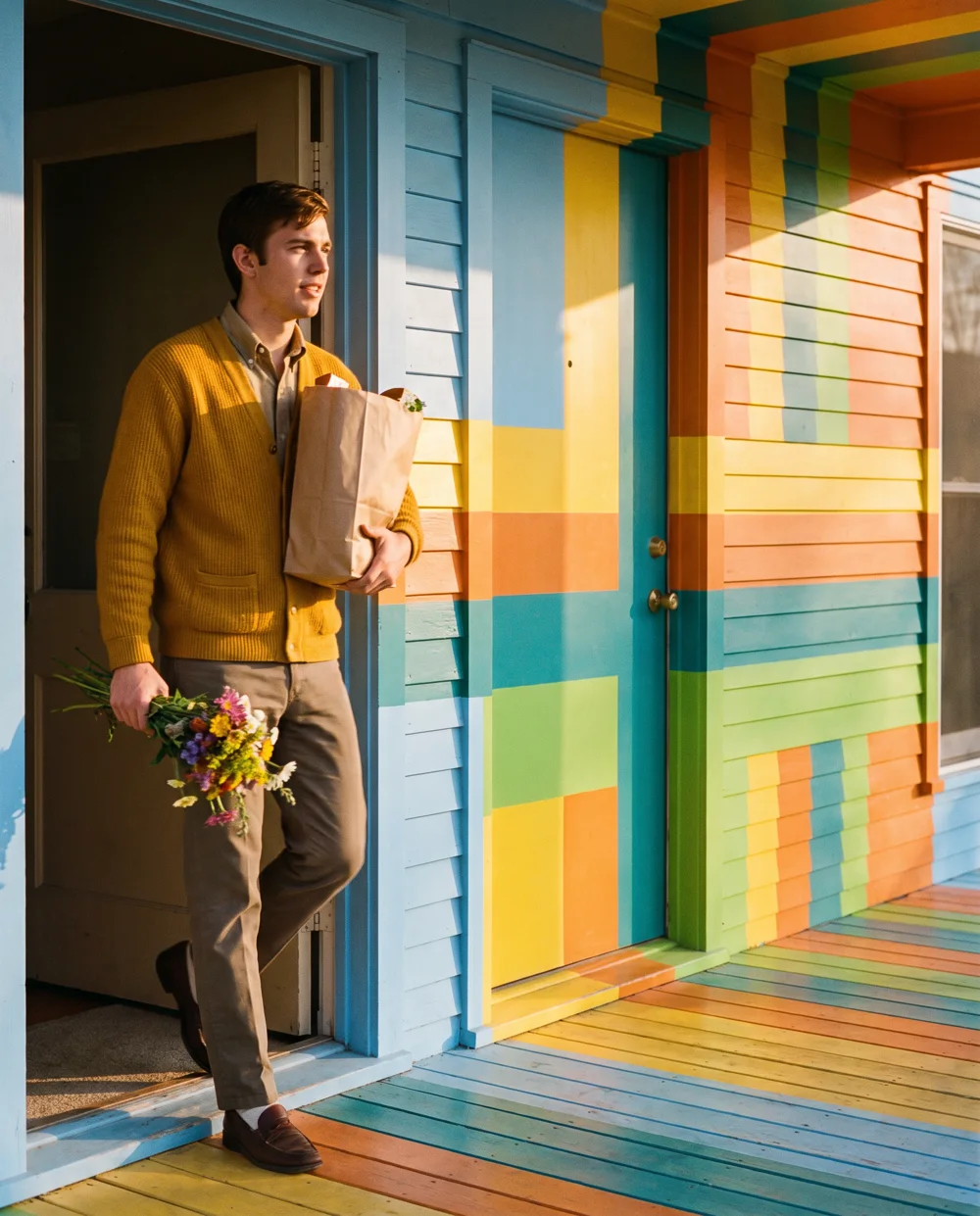 A young man in a mustard cardigan steps out of a striped doorway carrying groceries and flowers
