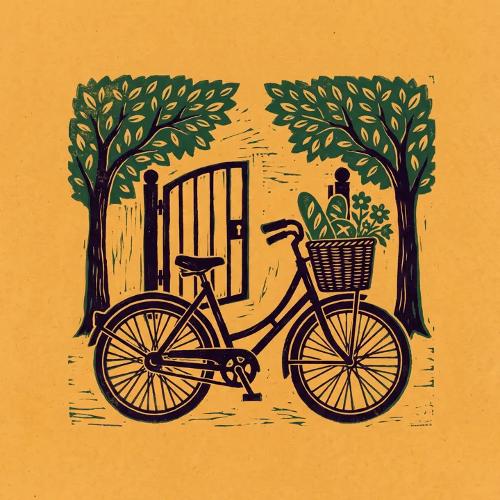 Linocut of a bicycle with a basket of bread and flowers before an open gate
