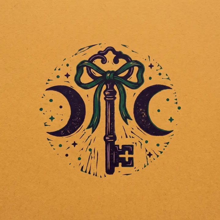 Linocut of an old key tied with a ribbon between two crescent moons