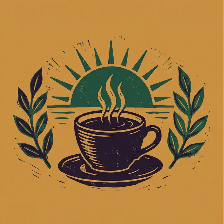 Linocut of a steaming coffee cup before a rising sun