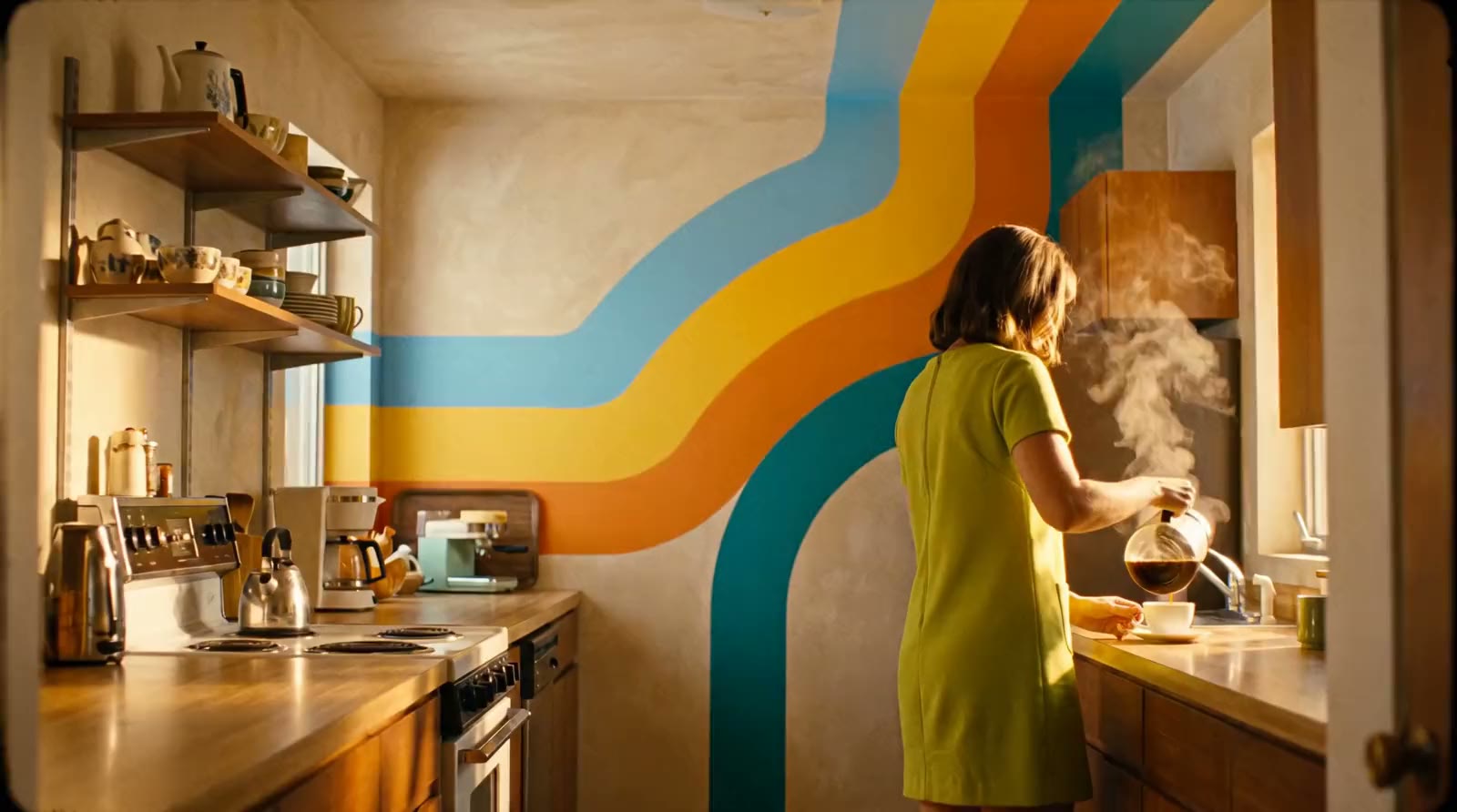 A woman pours coffee in a sunny 1960s kitchen painted with bold curved stripes